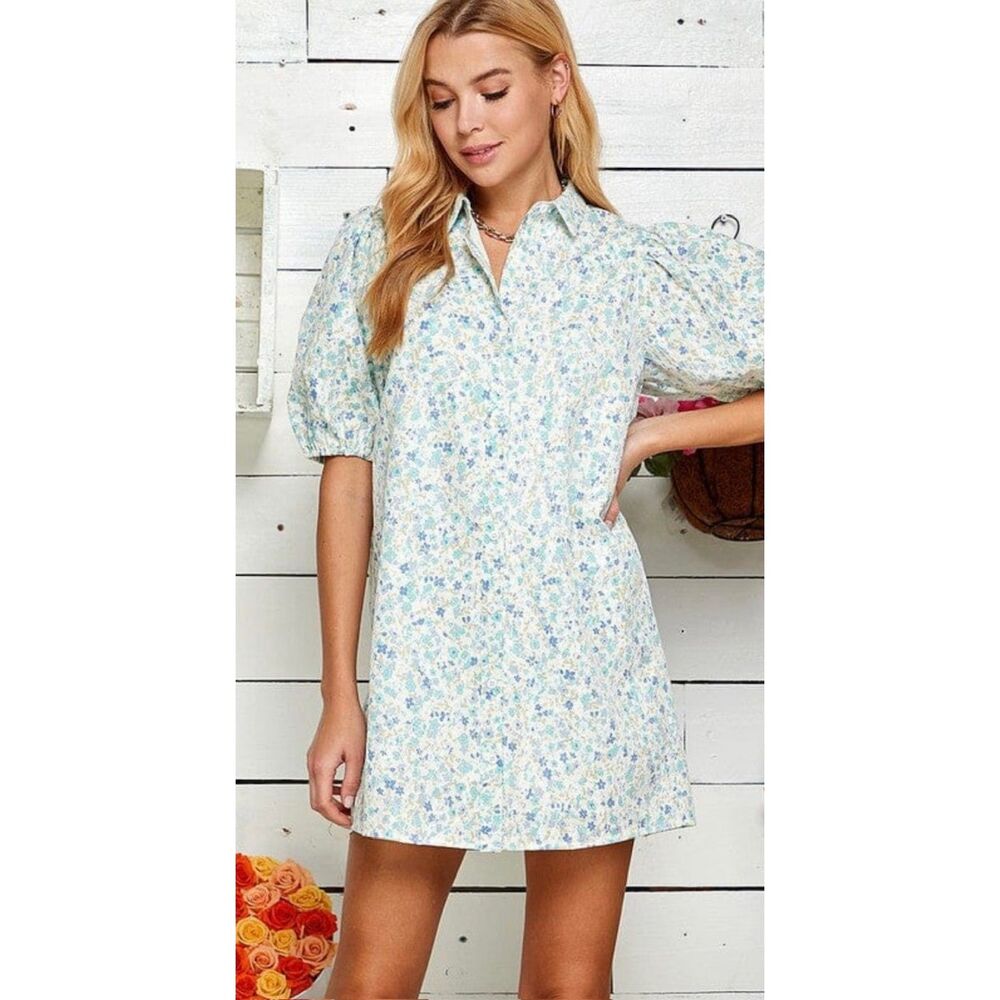 SWEET LEMON Button Down Shirt Dress Puff Sleeves Ditzy Lace, Sz L